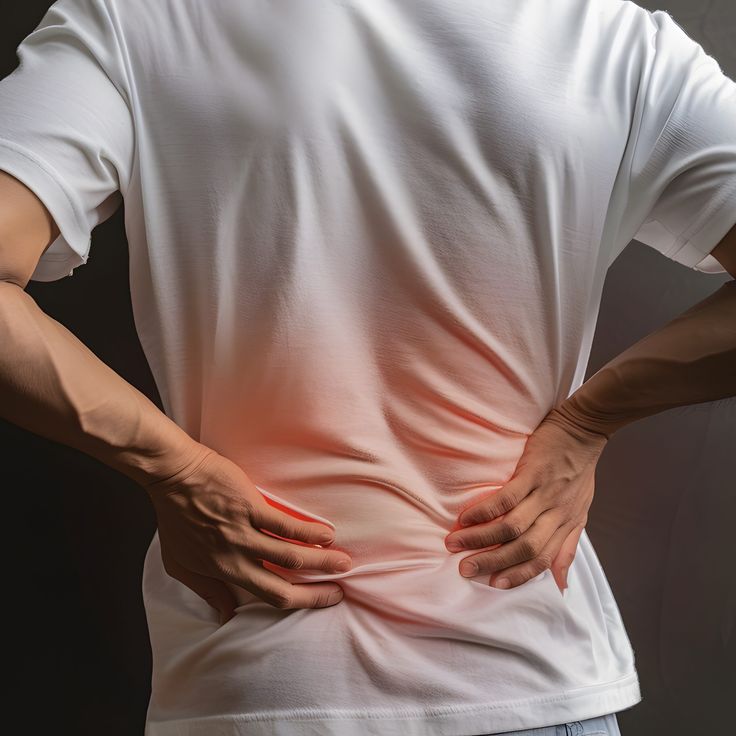 man with back pain holding his lower back.